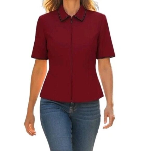 Kasper Blazer Size 10P Red Black White Trim Short Sleeve Front Zipper Textured - Picture 1 of 10